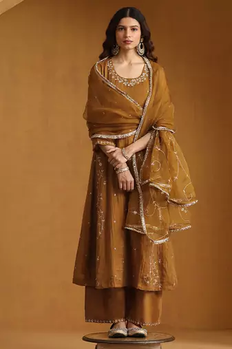 Mustard yellow embroidered cotton tissue long kurti set