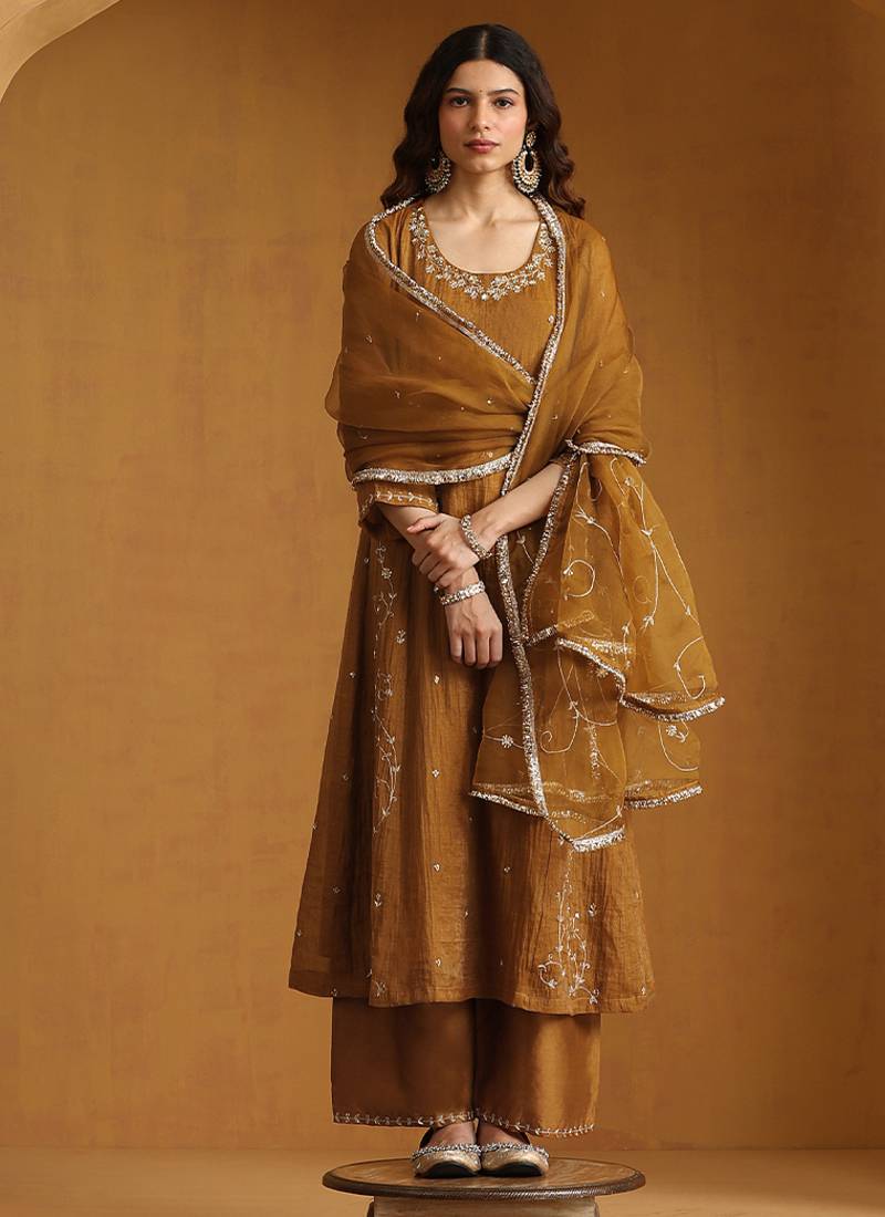 Mustard yellow embroidered cotton tissue long kurti set