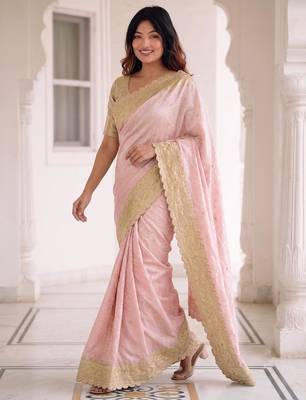 Pink kanjivaram silk blend embroidered saree with unstitched blouse 1