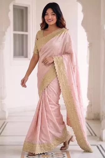 Pink kanjivaram silk blend embroidered saree with unstitched blouse