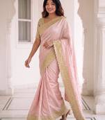 Pink kanjivaram silk blend embroidered saree with unstitched blouse
