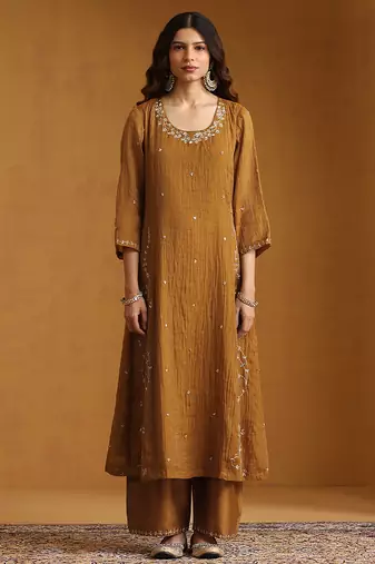 Mustard yellow embroidered cotton tissue long kurti set
