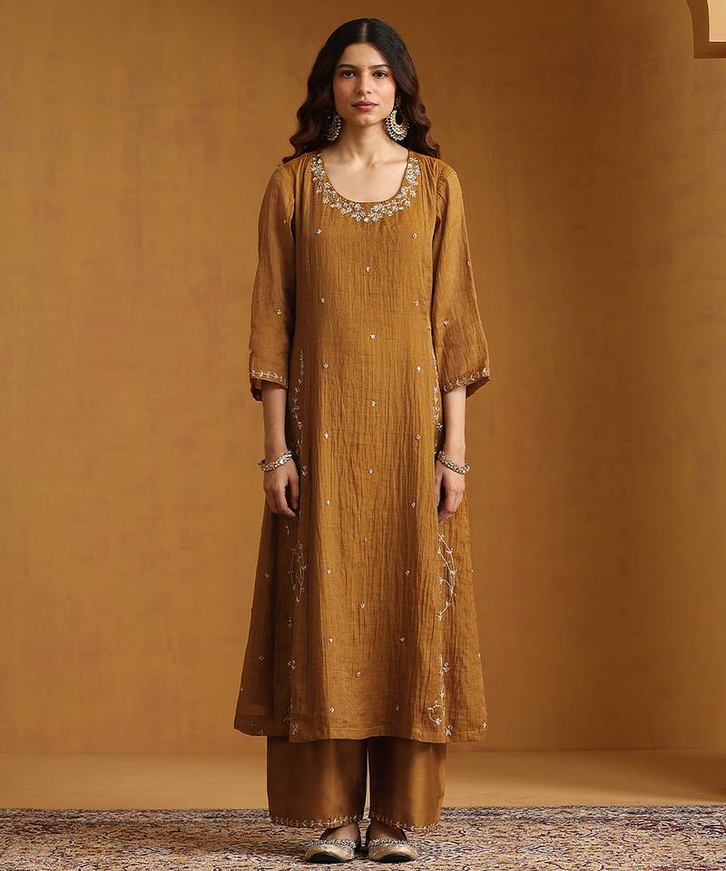 Mustard yellow embroidered cotton tissue long kurti set