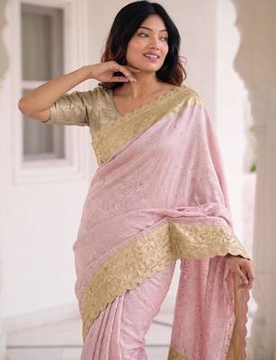 Pink kanjivaram silk blend embroidered saree with unstitched blouse 2