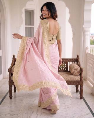 Pink kanjivaram silk blend embroidered saree with unstitched blouse 3