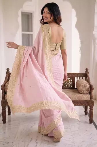 Pink kanjivaram silk blend embroidered saree with unstitched blouse