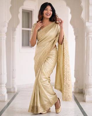 Gold kanjivaram silk blend embroidered saree with unstitched blouse 1