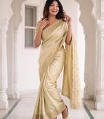 Gold kanjivaram silk blend embroidered saree with unstitched blouse