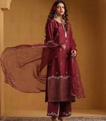 Maroon embroidered chanderi long kurti set