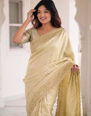 Gold kanjivaram silk blend embroidered saree with unstitched blouse 2