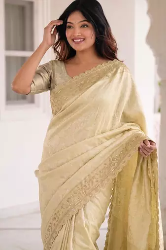 Gold kanjivaram silk blend embroidered saree with unstitched blouse