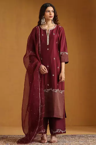 Maroon embroidered chanderi long kurti set