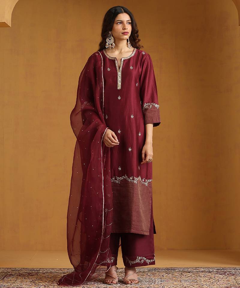 Maroon embroidered chanderi long kurti set