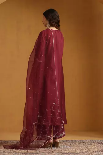 Maroon embroidered chanderi long kurti set