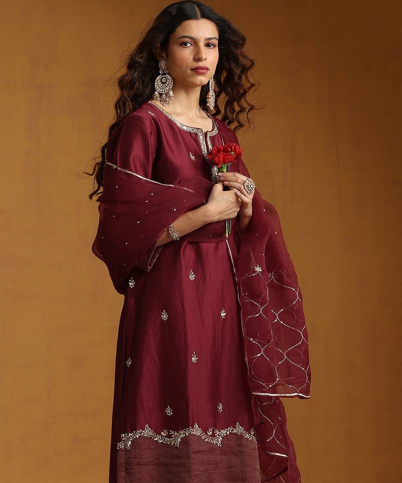 Maroon embroidered chanderi long kurti set
