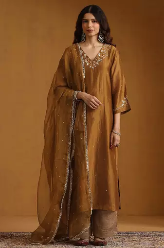 Golden embroidered chanderi long kurti set