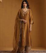 Golden embroidered chanderi long kurti set