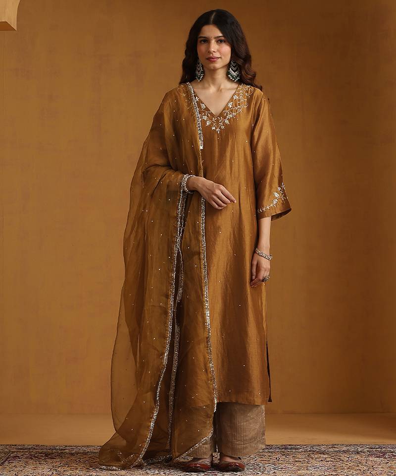 Golden embroidered chanderi long kurti set