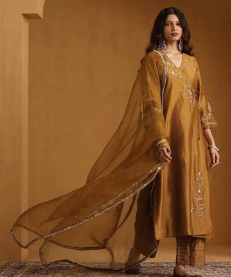 Golden embroidered chanderi long kurti set 2