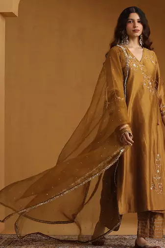 Golden embroidered chanderi long kurti set