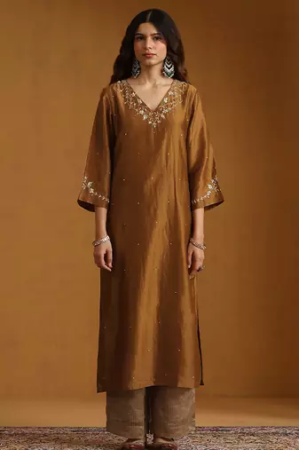 Golden embroidered chanderi long kurti set