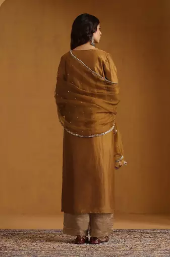 Golden embroidered chanderi long kurti set