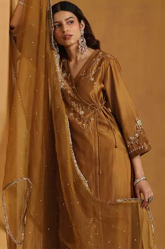 Golden embroidered chanderi long kurti set