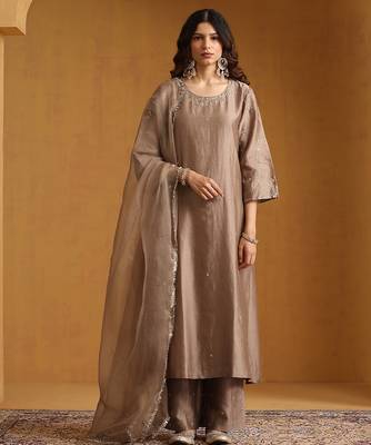 Metallic beige embroidered chanderi long kurti set 1