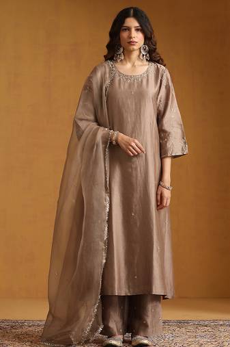 Metallic beige embroidered chanderi long kurti set