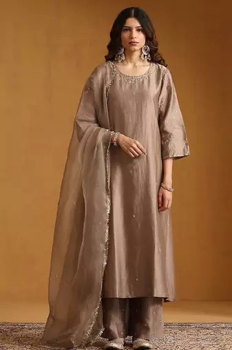 Metallic beige embroidered chanderi long kurti set