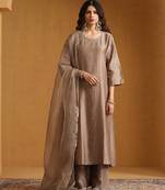 Metallic beige embroidered chanderi long kurti set