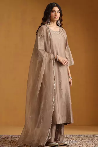 Metallic beige embroidered chanderi long kurti set