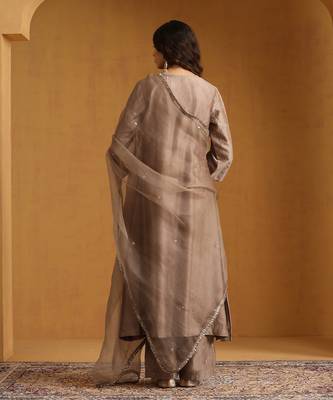 Metallic beige embroidered chanderi long kurti set 3