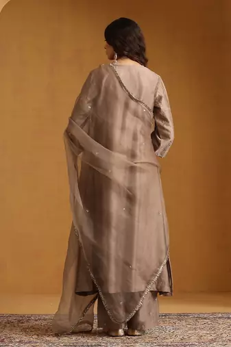 Metallic beige embroidered chanderi long kurti set