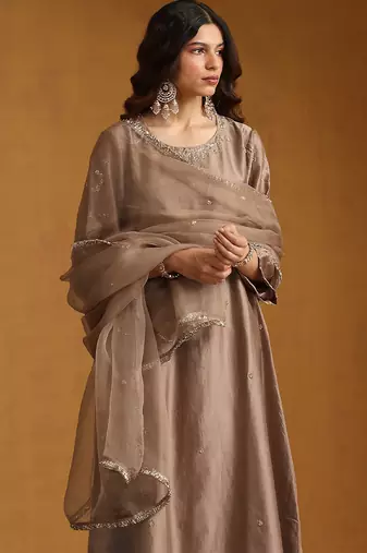 Metallic beige embroidered chanderi long kurti set