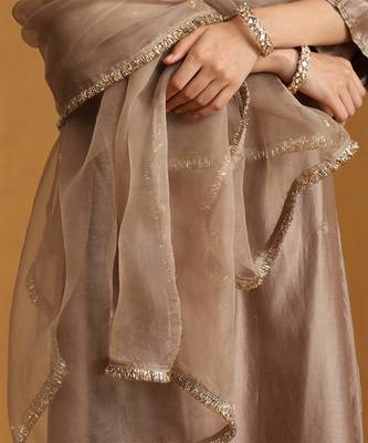 Metallic beige embroidered chanderi long kurti set 5