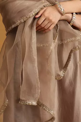Metallic beige embroidered chanderi long kurti set