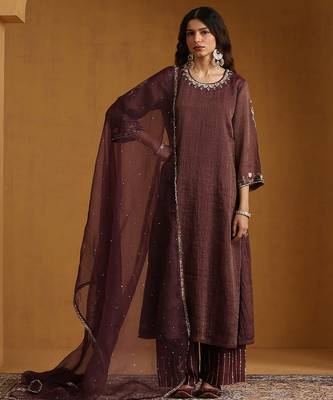 Plum brown embroidered cotton tissue long kurti set 1