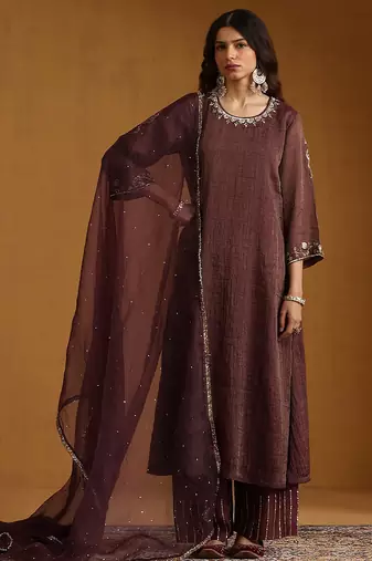 Plum brown embroidered cotton tissue long kurti set