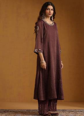 Plum brown embroidered cotton tissue long kurti set 2