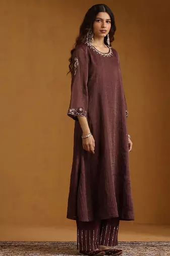 Plum brown embroidered cotton tissue long kurti set