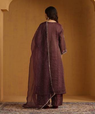 Plum brown embroidered cotton tissue long kurti set 3