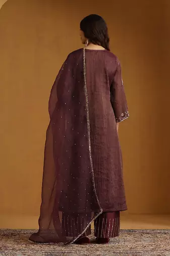 Plum brown embroidered cotton tissue long kurti set