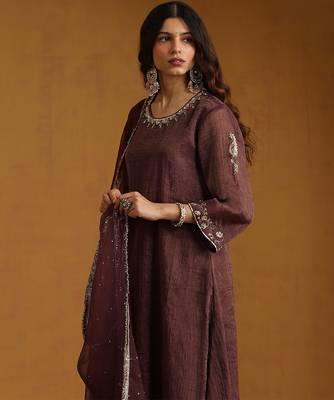 Plum brown embroidered cotton tissue long kurti set 4
