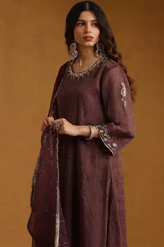 Plum brown embroidered cotton tissue long kurti set