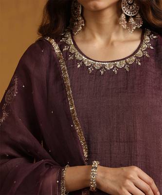 Plum brown embroidered cotton tissue long kurti set 5