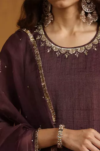 Plum brown embroidered cotton tissue long kurti set
