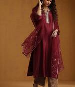 Maroon embroidered chanderi long kurti set