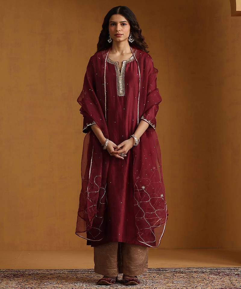 Maroon embroidered chanderi long kurti set