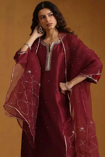 Maroon embroidered chanderi long kurti set